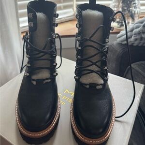 Marc Fisher Black Lace-Up Faux Shearling Combat Boots